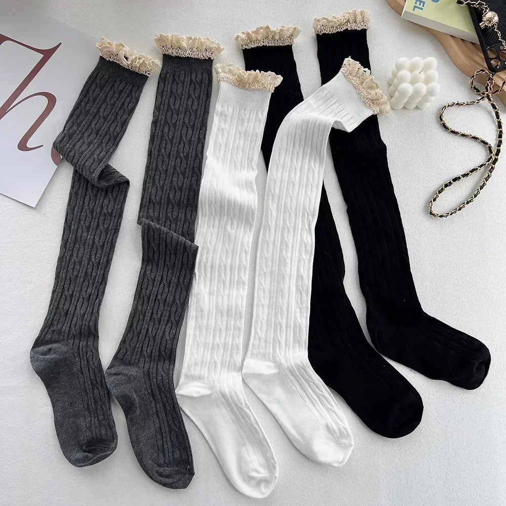 Sweet Lace Thigh High Socks Japanese Style Knitted Long Socks JK Lolita Black White Stockings Women Girls Amagi