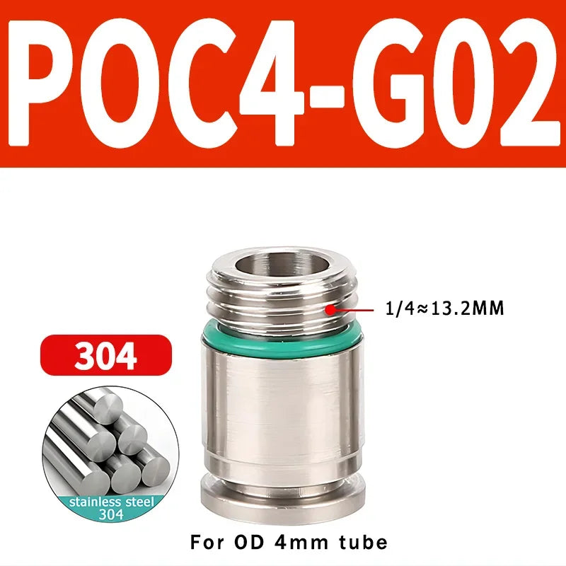 304 Stainless Steel Pneumatic Push-In Fitting POC-G, Internal Hex Quick Connector for Air and Gas Pipe Systems