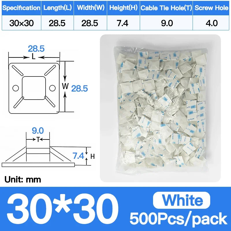 250/500/1000PCS Self-Adhesive Cable Tie Mounts, Strong Sticky Base Wire Holder Clips for Wall Fixing, Cable Routing Management