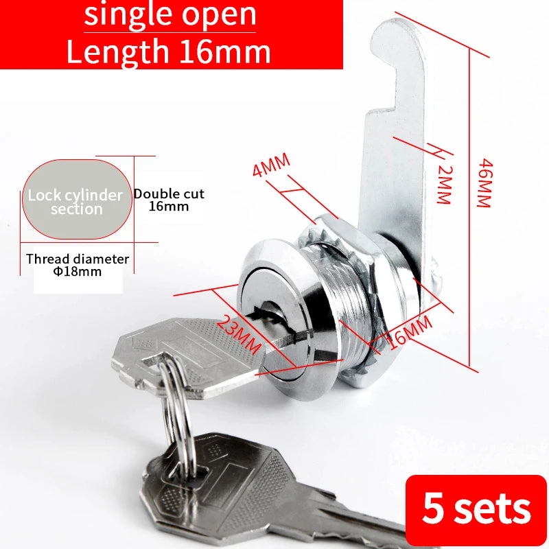 Cabinet Cam Lock Set, 5 Pack Two-Sided Keyed Alike 16MM-30MM Cylinder Cam Locks Secure Mailbox File Drawer Compartment Lock