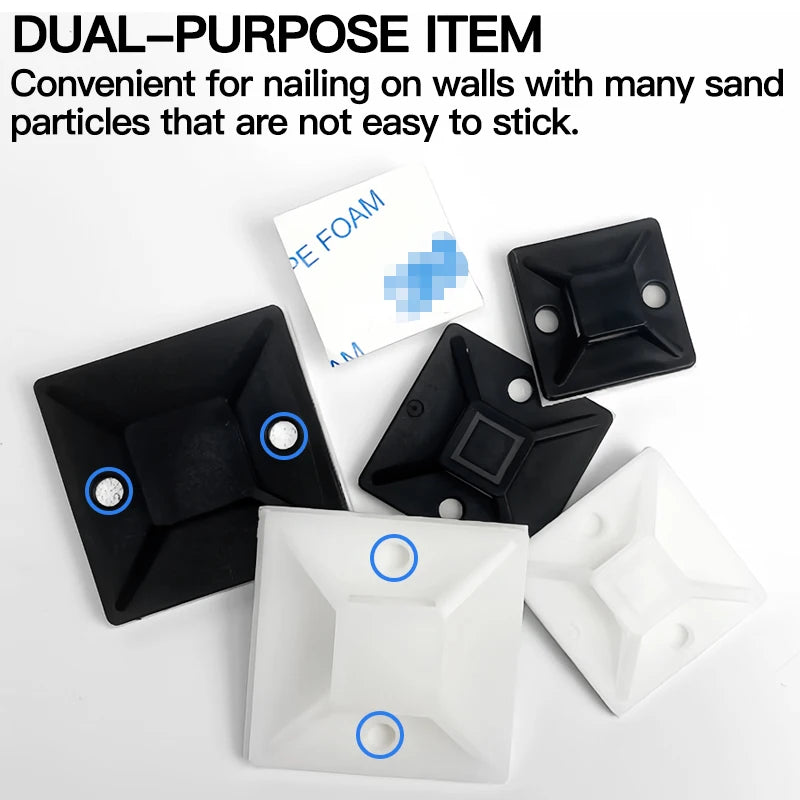 250/500/1000PCS Self-Adhesive Cable Tie Mounts, Strong Sticky Base Wire Holder Clips for Wall Fixing, Cable Routing Management