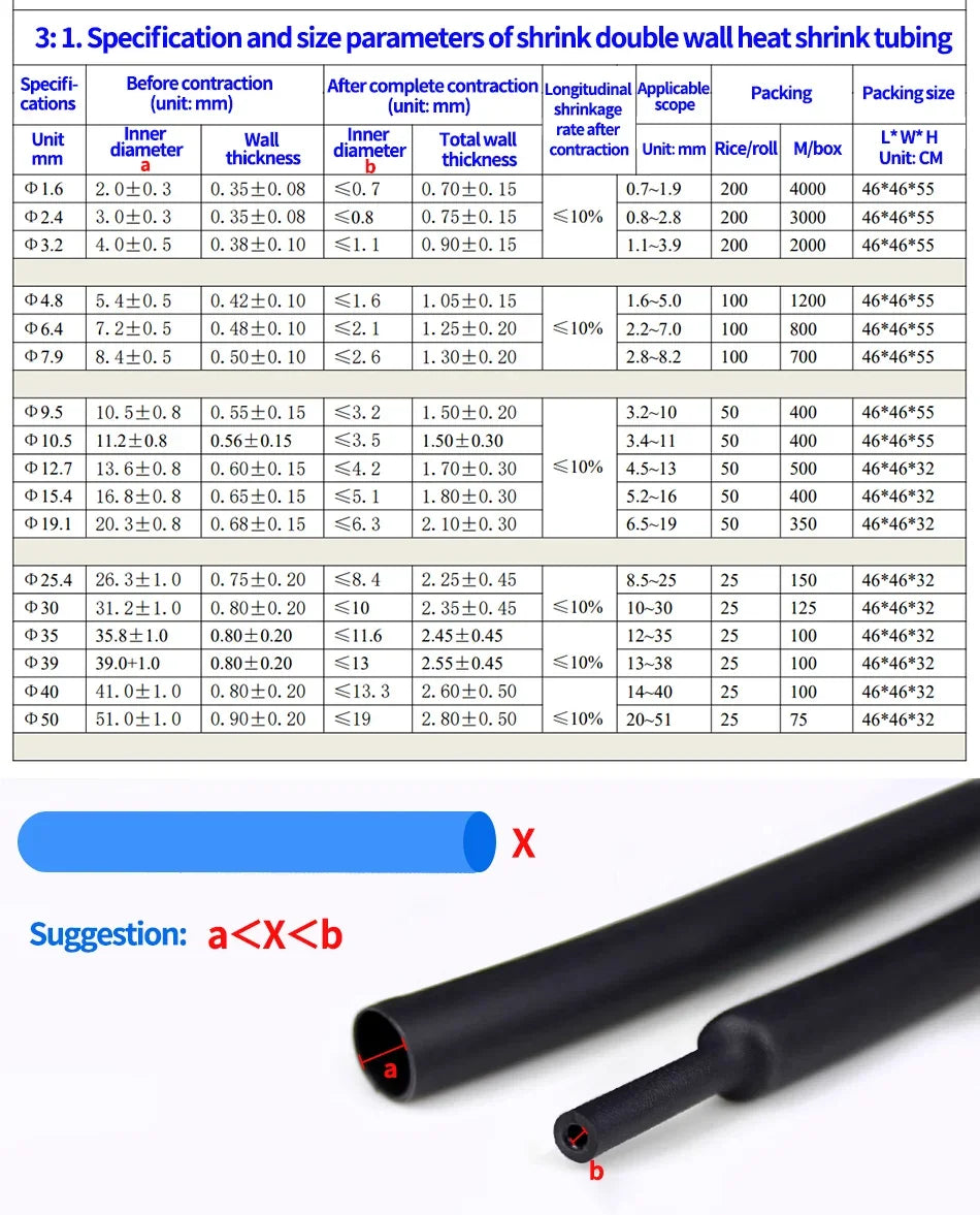 10M-200M 3:1 Heat Shrink Tubing, Dual Wall Adhesive Lined, Black/White/Red/Blue/Yellow, Waterproof Wire Cable Sleeve
