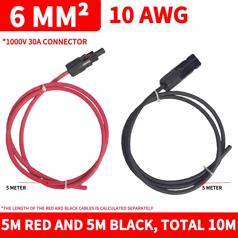 Solar PV Extension Cable Black Red 6mm² 10AWG Wire with DC Male Female Connector Waterproof Plug for Solar Panel System