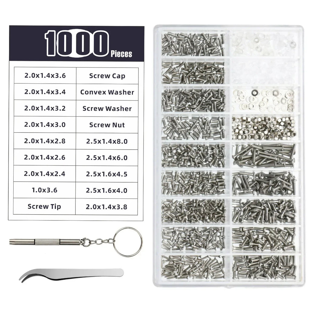 Glasses Watch Repair Kit 1000pcs Screws, Dual Head Screwdrivers & Precision Tweezers Set for Eyewear Jewelry Fix Tools with Case