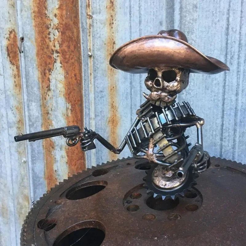 Cowboy Skull Gunslinger Hood Ornament Sculpture Rod 3D Metal Automotive Emblems Cowboy Skeleton Statue Decor For Board Amagi