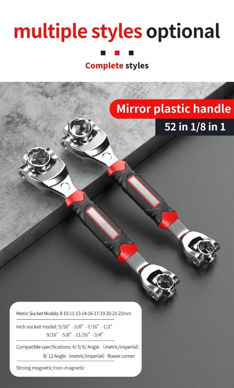 52-in-1 Car Tools Multifunctional Socket Wrench Set Metric 8-19mm SAE 5/16"-3/4 Non-Slip Handle 360 Degree Swivel Head Universal