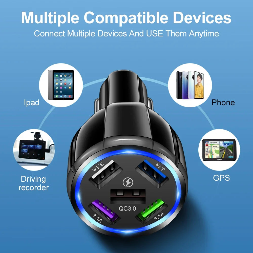 66W USB Type C Fast Charger For Car PD 4 USB Car Quick Charge QC3.0 12/24 V Cigarette Lighter Charger Adapter For iPhone Xiaomi