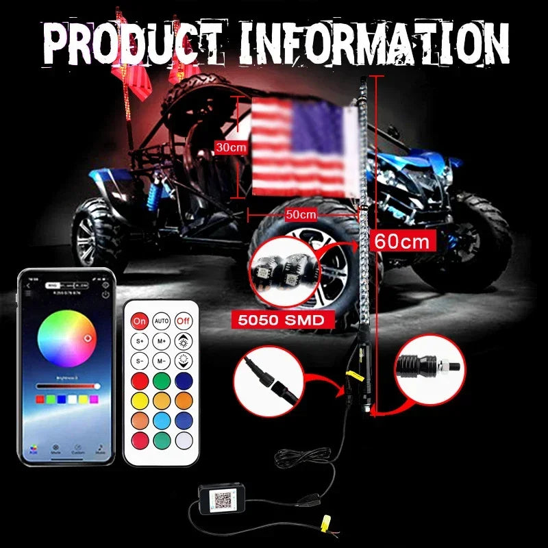 3FT Spiral Whip Lights Remote Control Turn Signal Brake Function Dream-Color Dancing For UTV RZR Can-Am SxS Sand Dune Buggy Truc