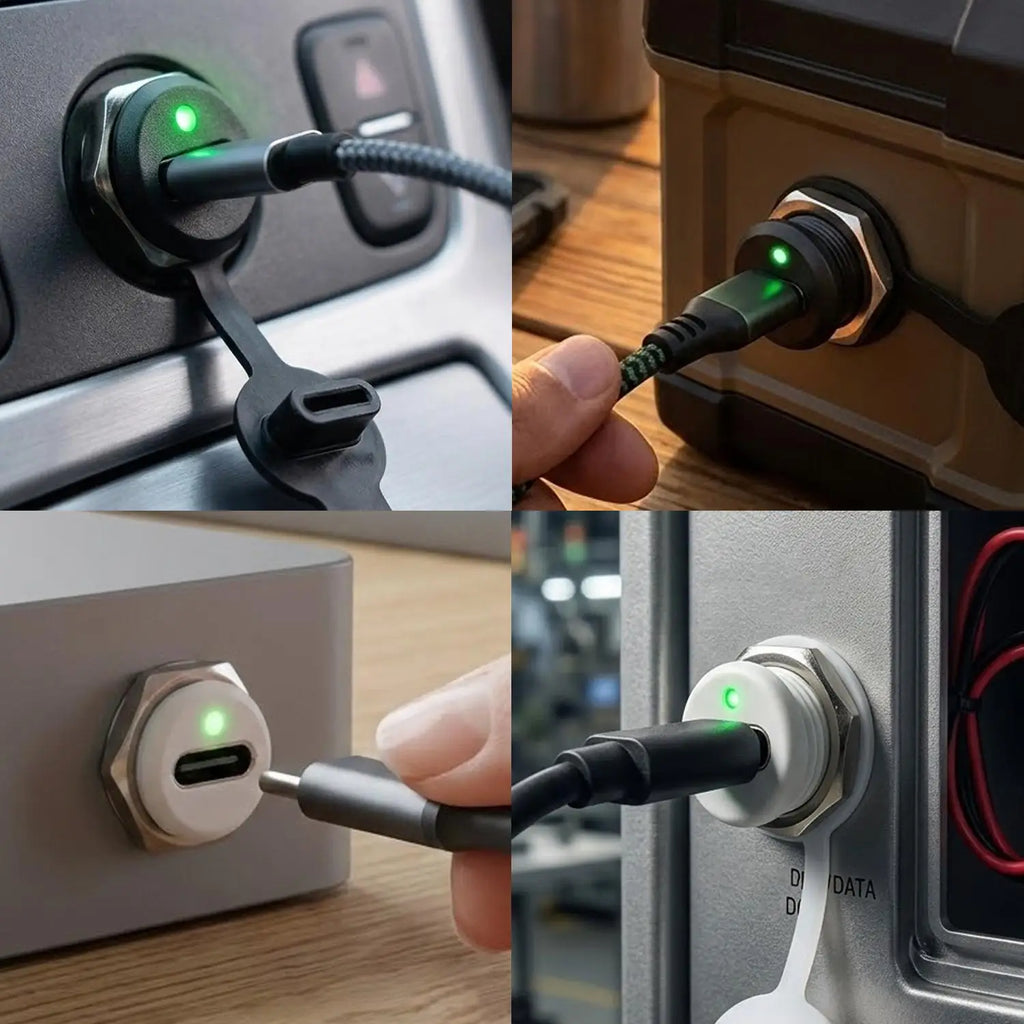 USB-C Waterproof Female Socket with LED Indicator – 2-Pin Pigtail for Car RV Motorcycle Boat