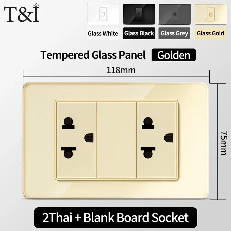 118 Series Glass Panel Wall Switch Socket, US Mexico Standard, USB and Type-C Charging Ports, 1/2/3/4 Gang Options