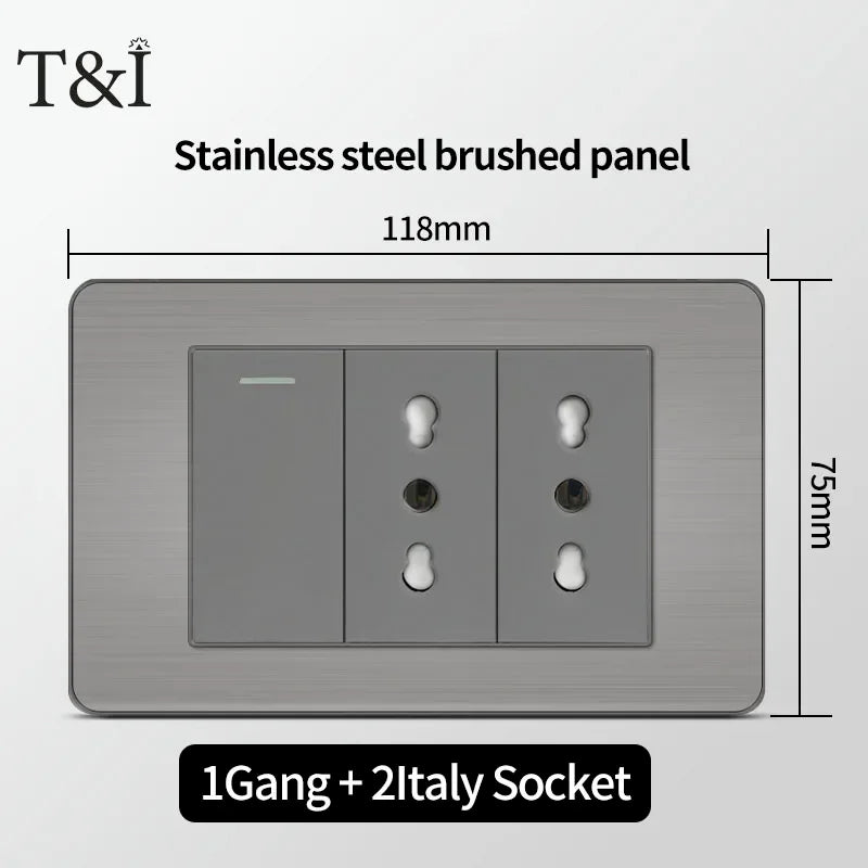 Stainless Steel Wall Socket 118x75mm Italian-Style with USB-C & Schuko Chilean Plug - Brushed Finish for Home/Office