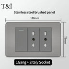 Stainless Steel Wall Socket 118x75mm Italian-Style with USB-C & Schuko Chilean Plug - Brushed Finish for Home/Office
