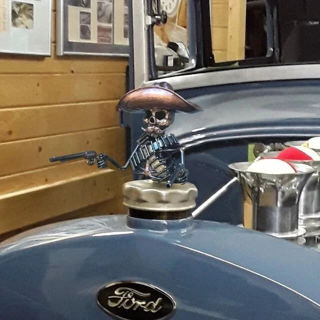 Cowboy Skull Gunslinger Hood Ornament Sculpture Rod 3D Metal Automotive Emblems Cowboy Skeleton Statue Decor For Board Amagi
