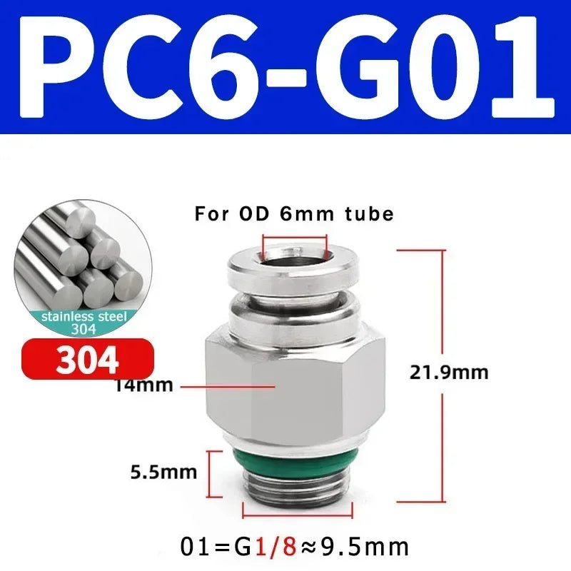 Stainless Steel PC-G Pneumatic Push-In Fitting, Straight Male G Thread Air Tube Connector for Air Compressor & Pneumatic Systems
