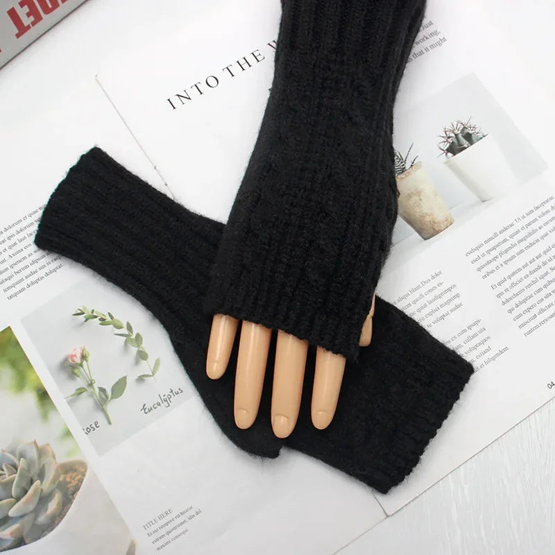 Men Women Stretch Acrylic Knit Stripe Fingerless Mitten Student Couple Winter Warm Twist Flower Half Finger Solid Glove Amagi