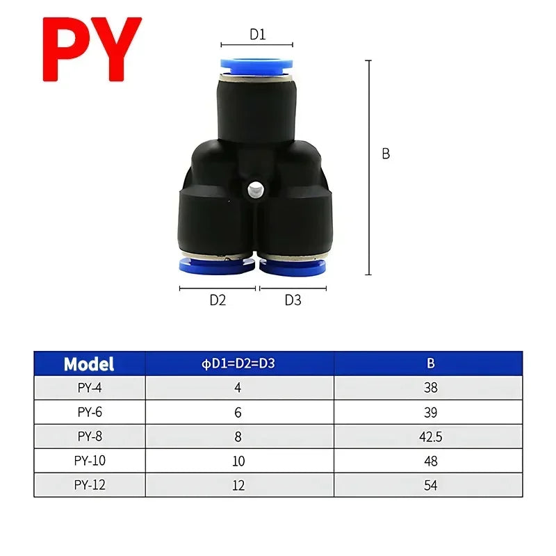 Pneumatic Push-In Tube Fittings – 4/6/8/10/12mm OD, Multiple Types: Straight Union, Elbow, Tee, Male Thread, Quick-Connect