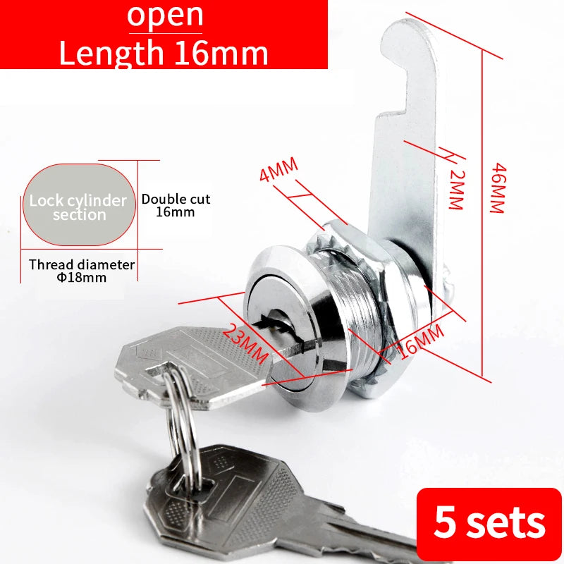 Cabinet Cam Lock Set, 5 Pack Two-Sided Keyed Alike 16MM-30MM Cylinder Cam Locks Secure Mailbox File Drawer Compartment Lock
