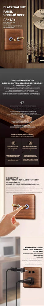 86x86mm Solid Wood Embedded Power Outlet - Childproof EU/RU/FR Socket, Fireproof Vintage Panel for Industrial & Villa Use