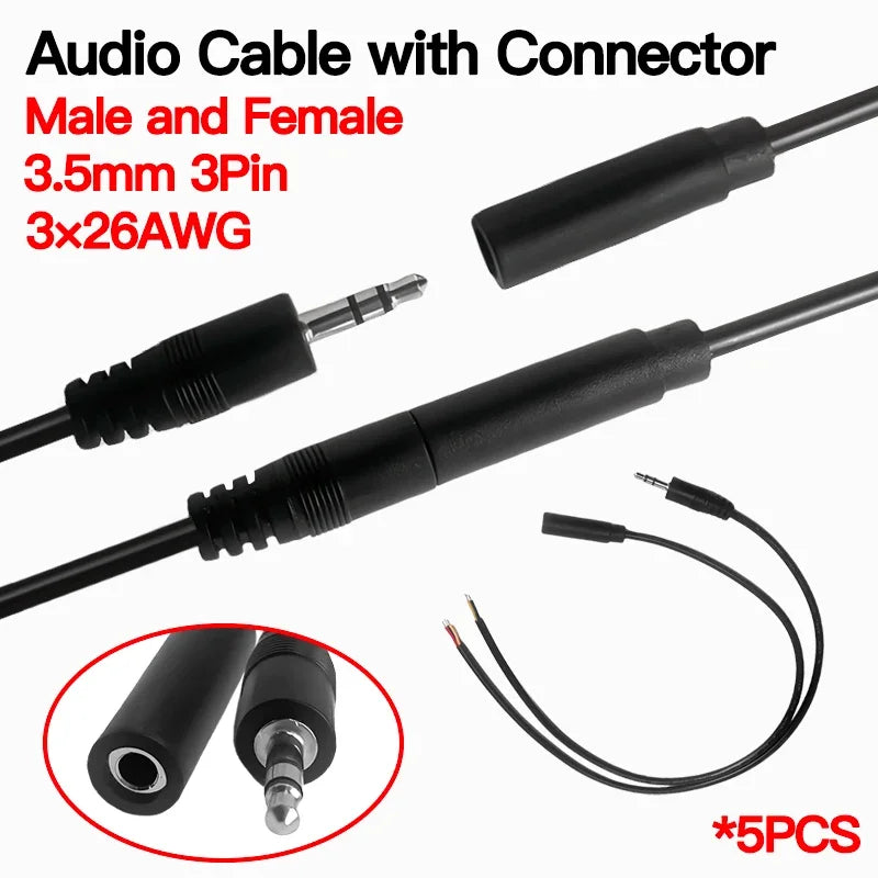 5PCS 3.5mm Stereo Audio Cable, 3×26AWG AUX Cord for Car, Phone, Speaker & Headphones, High-Quality Male-to-Male Audio Wire