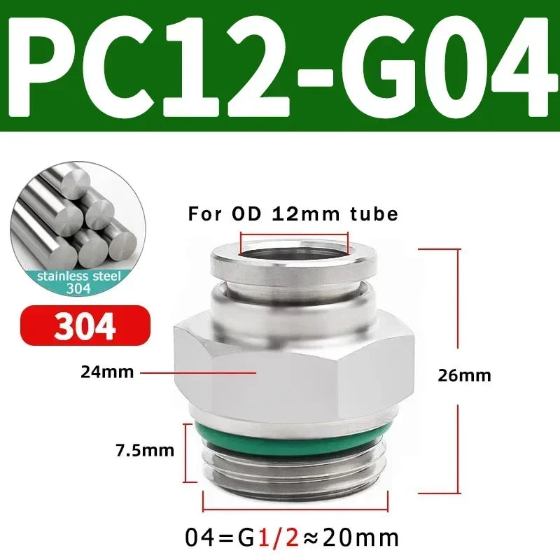 Stainless Steel PC-G Pneumatic Push-In Fitting, Straight Male G Thread Air Tube Connector for Air Compressor & Pneumatic Systems