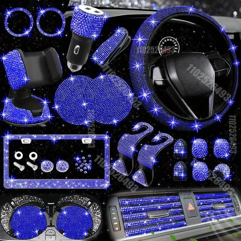 Car Accessories Set 27/4Piece Women Bling Universal Fit Polyester Steering Cover Shiny License Frame Phone Holder Coasters Tools