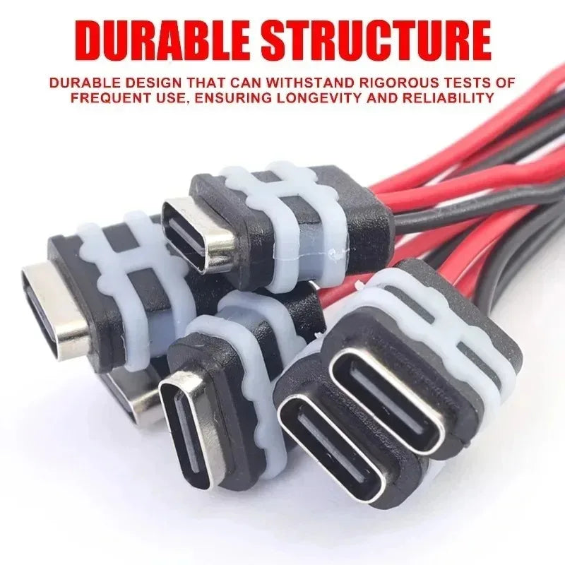 Waterproof Female Charger Type-C Female Socket Connector 2Pin Jack Female Charging Port 3A Black Wire Fast Charging Power Port