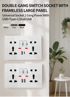 Universal Wall Socket with USB-C and USB Charger, 2 Gang Power Outlet with Switches, Flush Mount AC 110–250V for Home Office Use