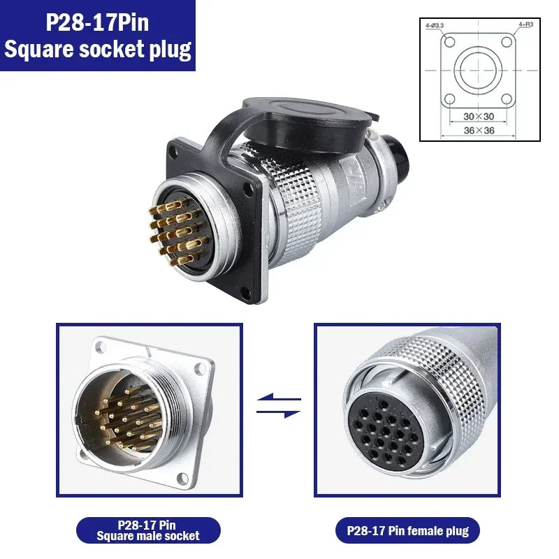 P28 Aviation Connector, Square Flange Socket, Male/Female Circular Butt Joint, 2/3/4/5/7/10/12/14/16/19/20/24 Pin, P28K2Q PLS28