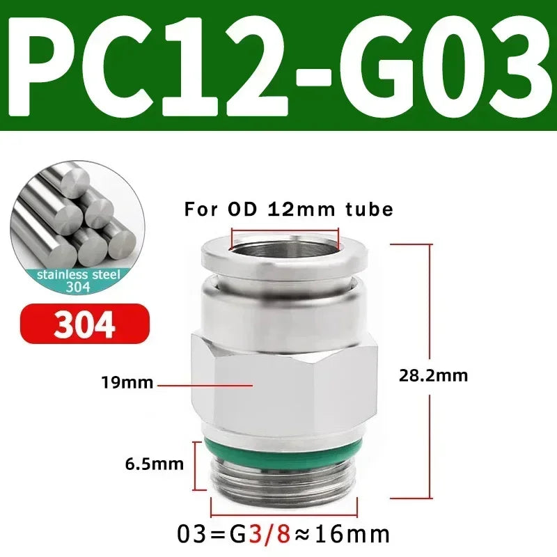 Stainless Steel PC-G Pneumatic Push-In Fitting, Straight Male G Thread Air Tube Connector for Air Compressor & Pneumatic Systems