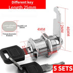 Cabinet Cam Lock Set, 5 Pack Two-Sided Keyed Alike 16MM-30MM Cylinder Cam Locks Secure Mailbox File Drawer Compartment Lock