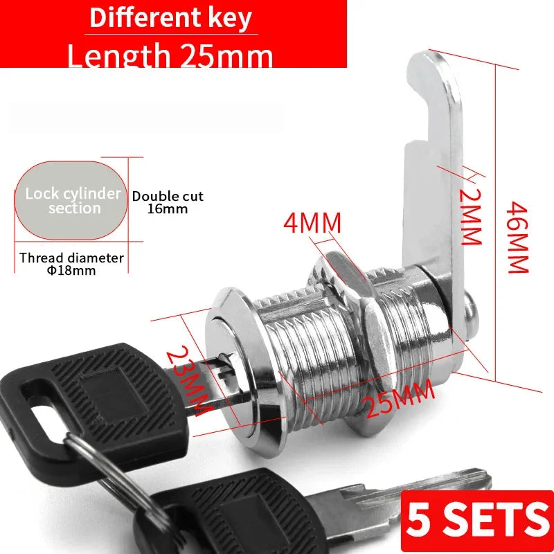 Cabinet Cam Lock Set, 5 Pack Two-Sided Keyed Alike 16MM-30MM Cylinder Cam Locks Secure Mailbox File Drawer Compartment Lock