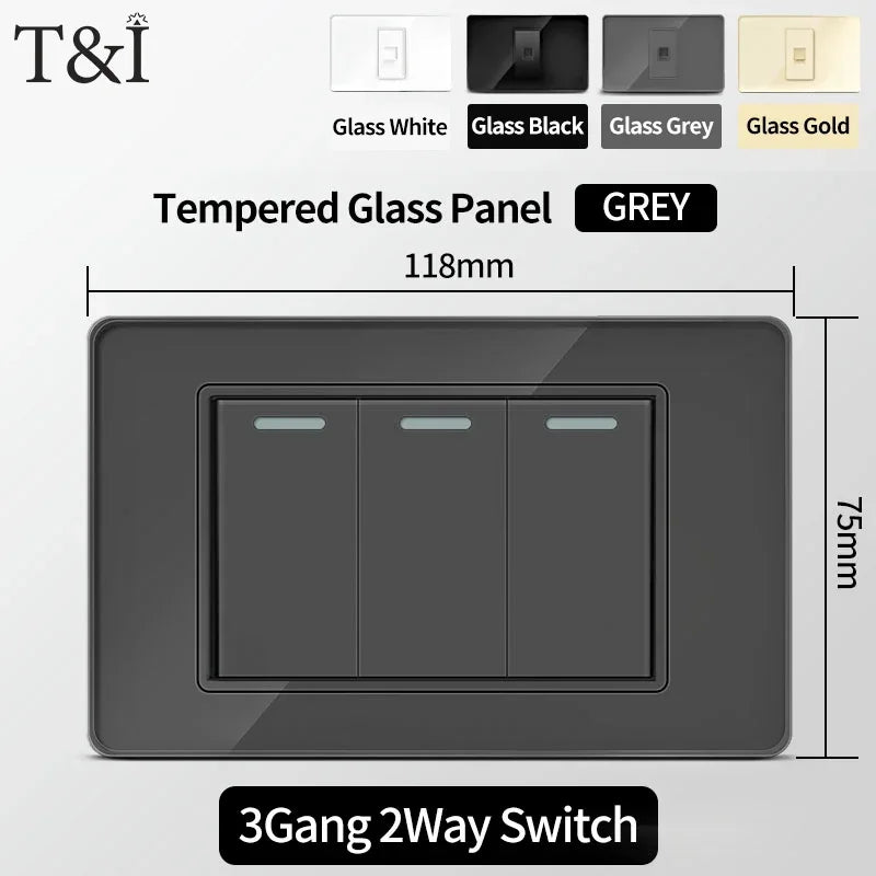 T&I Wall Switch Sockets with USB-C Fast Charging - Italy Socket, Chile Schuko Outlet & Tempered Glass Panel for Home Use