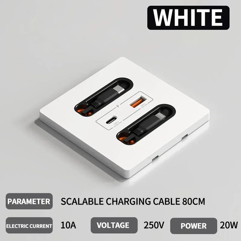 86-Type Wall Socket Panel with 20W USB-C PD & USB-A Ports | 80CM Retractable Cable for iPhone/Android Fast Charging