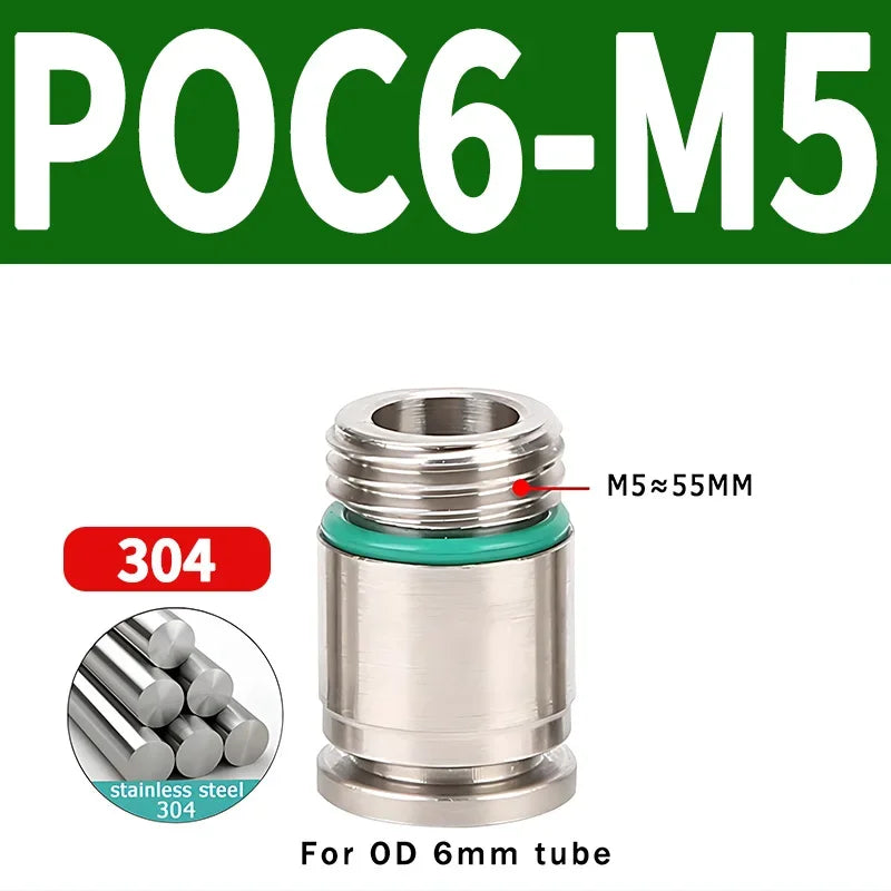 304 Stainless Steel Pneumatic Push-In Fitting POC-G, Internal Hex Quick Connector for Air and Gas Pipe Systems