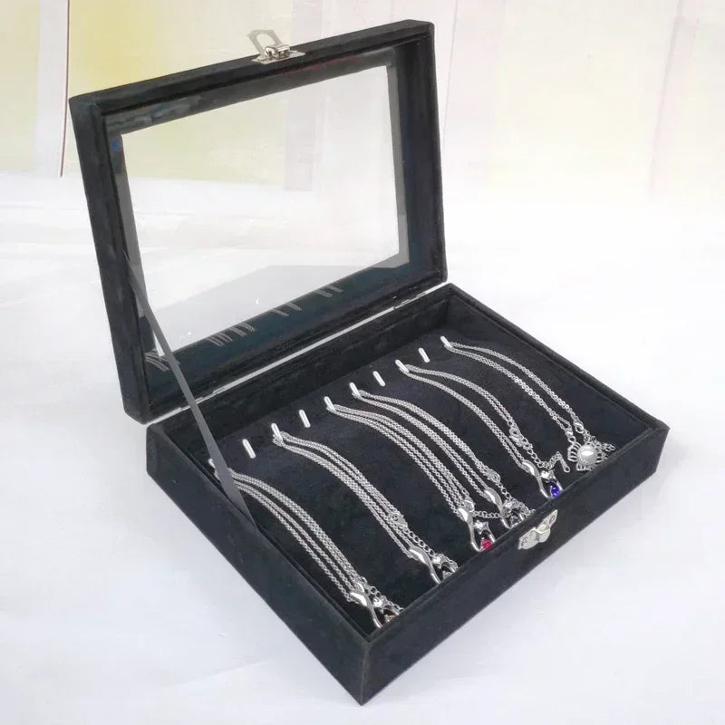 Black Jewelry Box Display Case for Rings Bracelets Earrings Necklaces with Lid Dustproof Glass Grid Storage Organizer Amagi
