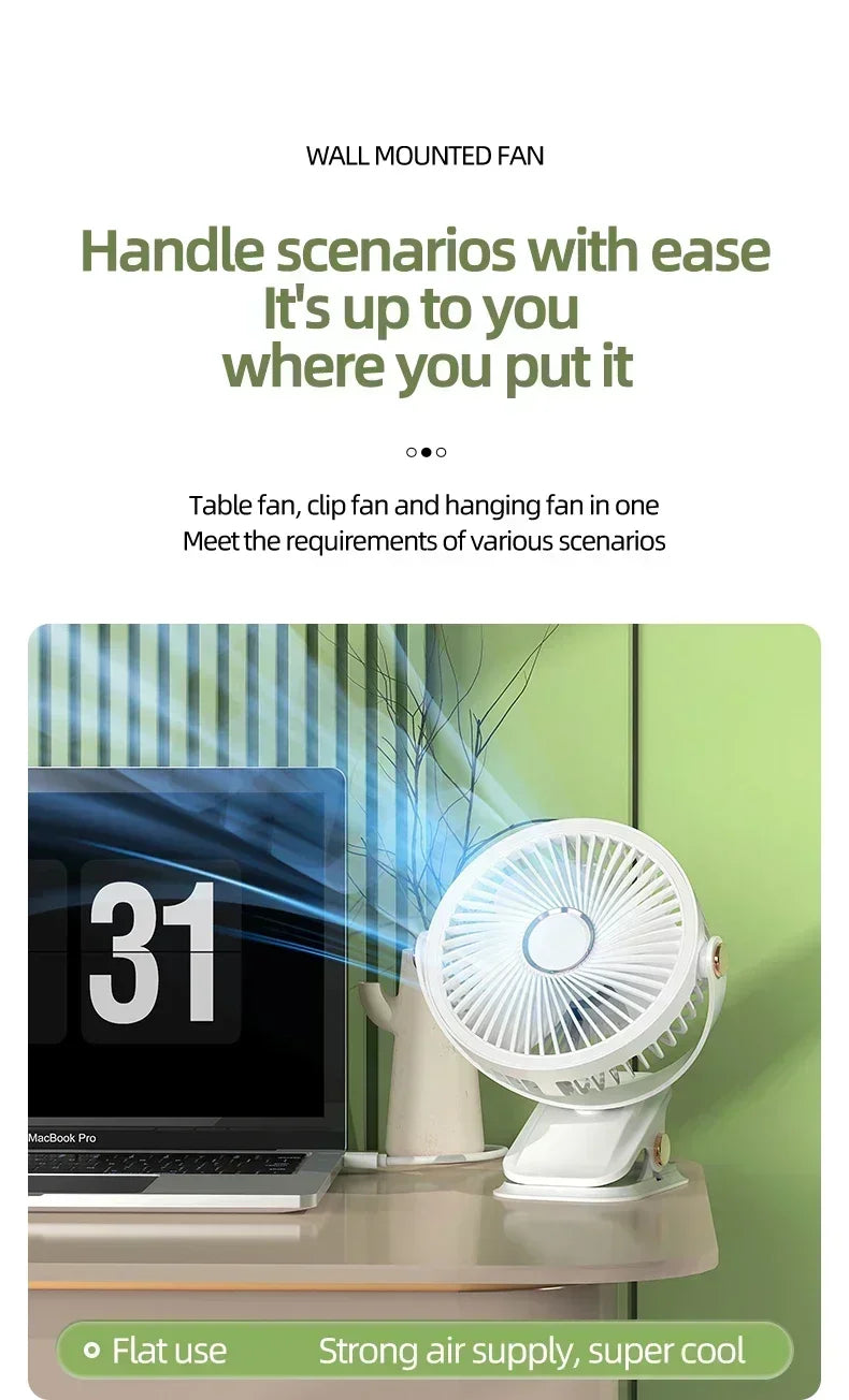 Clip-on Fan Quiet Rechargeable Desktop Portable Air Circulator Wireless Fan With LED Light For Camping Amagi