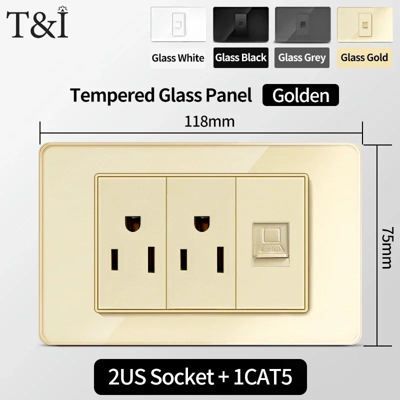 118 Series Glass Panel Wall Switch Socket, US Mexico Standard, USB and Type-C Charging Ports, 1/2/3/4 Gang Options