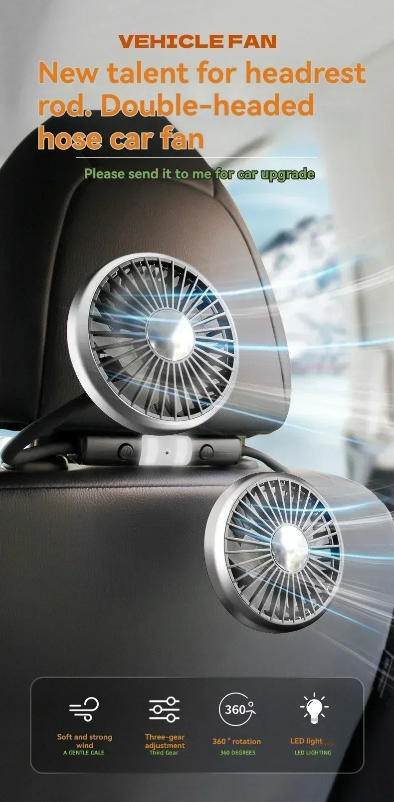 Car USB Fan Dual Head Cooling Air Hose Fan for Backseat 360°Rotation 3-Speed Auto Headrest Fan For Rear Seat Amagi