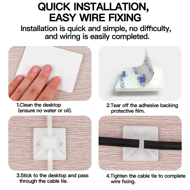 250/500/1000PCS Self-Adhesive Cable Tie Mounts, Strong Sticky Base Wire Holder Clips for Wall Fixing, Cable Routing Management
