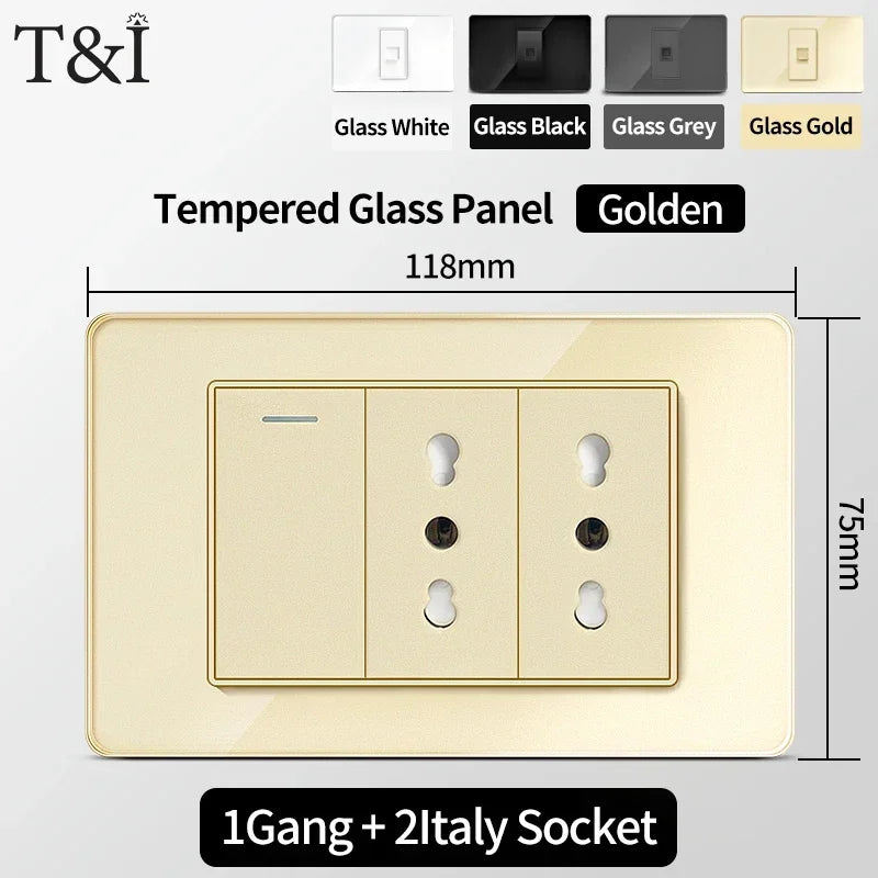 118-Style EU/CL Dual Socket with USB-C PD 20W - Tempered Glass Italy & Chile Outlet for Home/Office