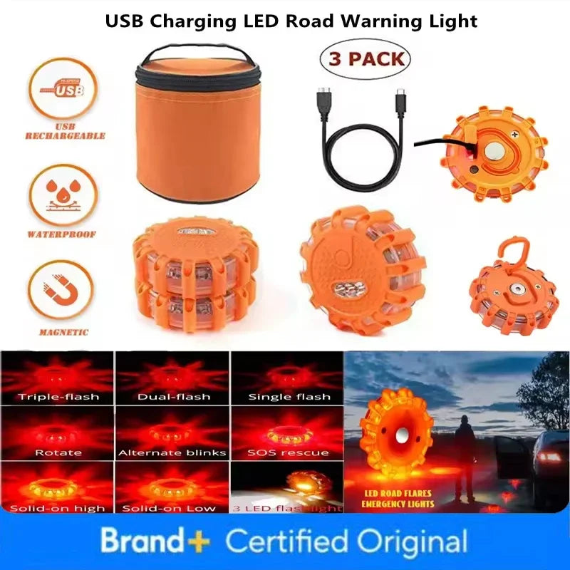 3 Pack LED Road Flares Emergency Warning Lights USB Rechargeable Magnetic Flashing Base Safety Disc for Roadside Assistance Amag