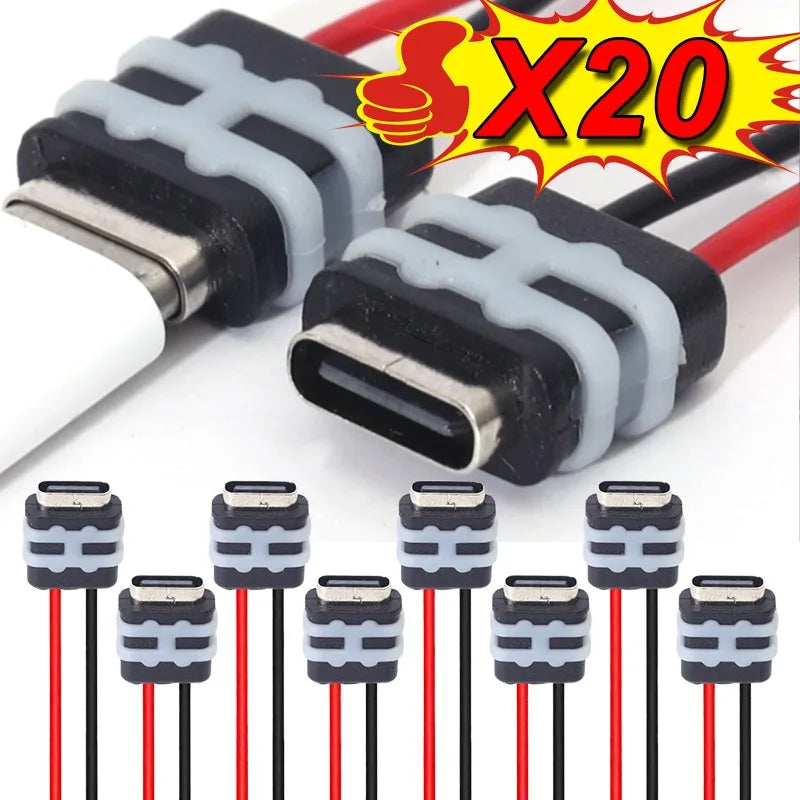 Waterproof Female Charger Type-C Female Socket Connector 2Pin Jack Female Charging Port 3A Black Wire Fast Charging Power Port