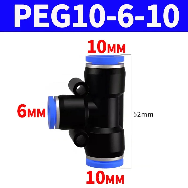 Pneumatic Push-In Quick Connector PE/PEG Plastic Tee Fittings (PE4 PEG6-4/8-4/8-6/10-6/8) for Air Compressor Fluid Systems Hose