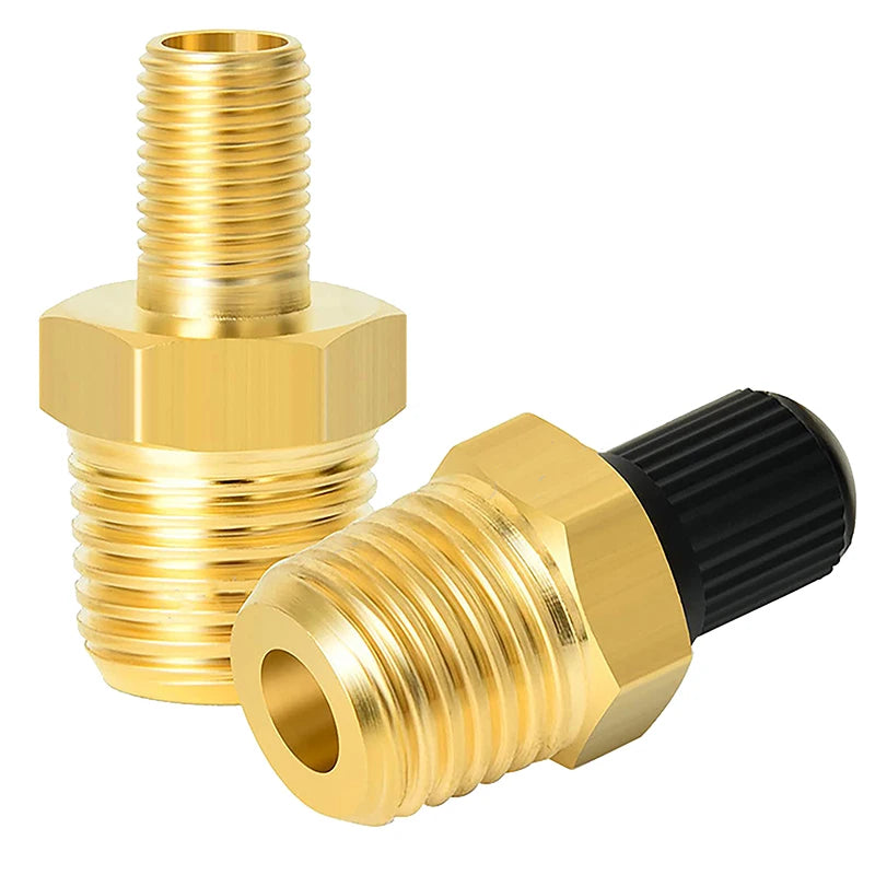 2Pcs Brass Air Inflator Adapter W/Valve Stem Inside 1/4" NPT (M) To Standard Schrader Valve (M) Tire Inflator Connector
