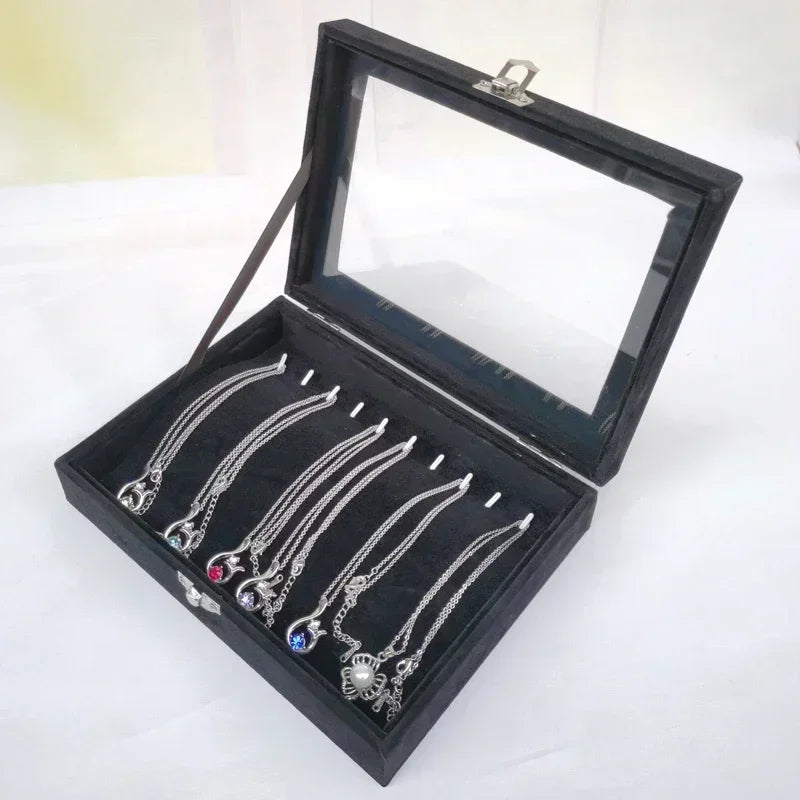 Black Jewelry Box Display Case for Rings Bracelets Earrings Necklaces with Lid Dustproof Glass Grid Storage Organizer Amagi