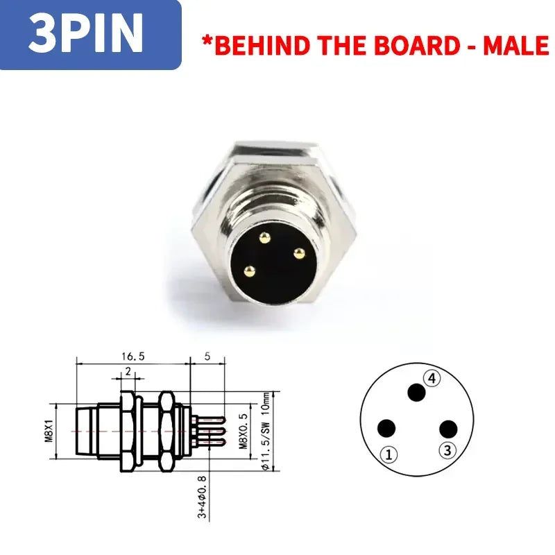 M8 Sensor Connector Panel Back Mount Waterproof Flange Socket Threaded Coupling Male&Female 3Pin 4Pin 5Pin A Type