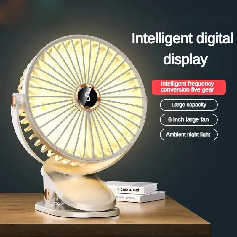 Car Clip-on Fan 5 Speed Quiet Rechargeable Desktop Portable Air Circulator Wireless Fan with LED Light for Office Amagi