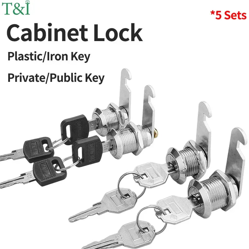 Cabinet Cam Lock Set, 5 Pack Two-Sided Keyed Alike 16MM-30MM Cylinder Cam Locks Secure Mailbox File Drawer Compartment Lock