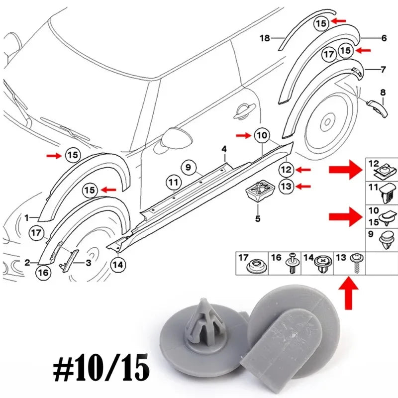 10/50pcs Car Fender Plastic Rivet Clip Car Wheel Arch Trim Clips Fastener Portable Plastic Rivet Glue Clip for BMW Mini R50 R53