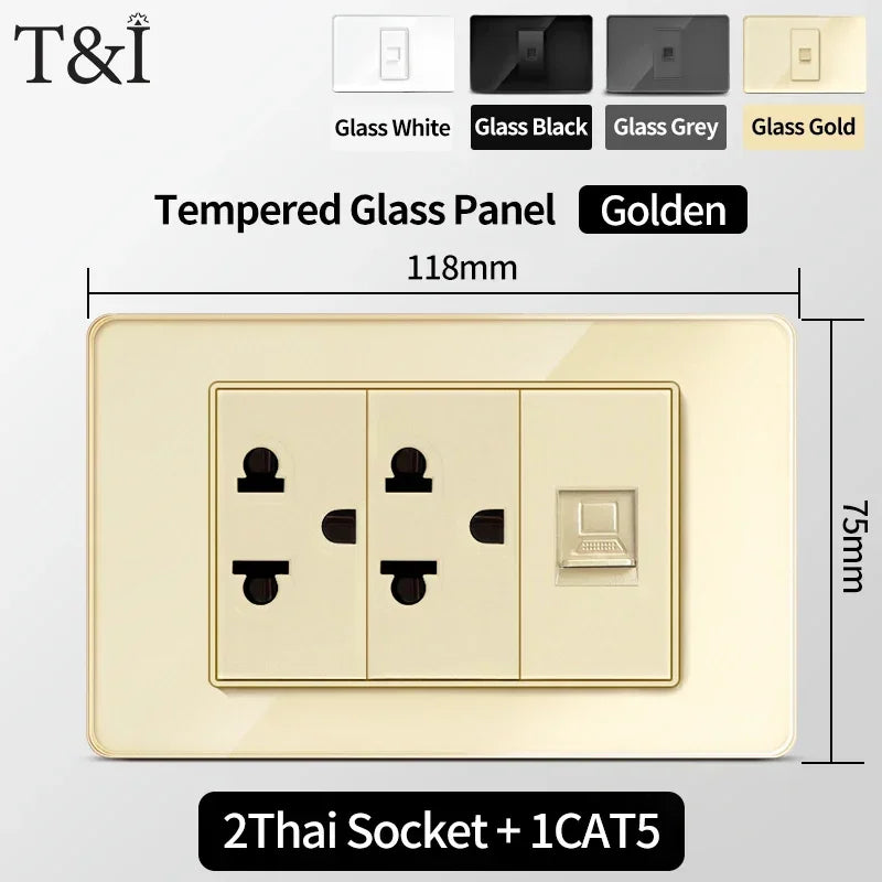118 Series Glass Panel Wall Switch Socket, US Mexico Standard, USB and Type-C Charging Ports, 1/2/3/4 Gang Options